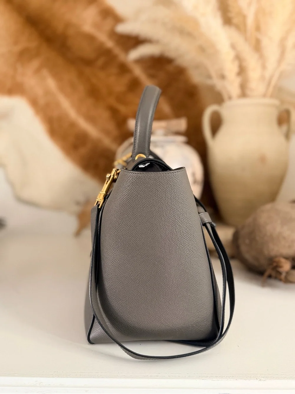 CELINE | Mini Belt Bag - Calfskin Leather Top Handle Shoulder Bag in Gray